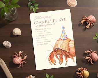 Invitación de cumpleaños con cangrejo ermitaño, plantilla editable de Canva, invitación para fiesta playera costera, invitación de cumpleaños con temática oceánica en acuarela, descarga digital.