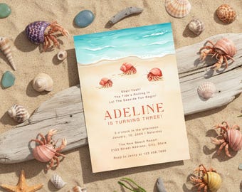 Invitación de cumpleaños con temática de cangrejo ermitaño, invitación para fiesta de cumpleaños en la playa, temática costera oceánica, plantilla de invitación imprimible para cumpleaños infantiles junto al mar.