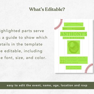May include: A baseball-themed birthday invitation template with editable elements highlighted in green. The invitation includes text that reads "ANTHONY'S 7TH BIRTHDAY" and details for the event. The design features baseball stitching and a baseball glove.