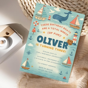 Watercolor Boat Birthday Invitation | Pastel Nautical Birthday Party Invite | Editable Kids Boat Theme Printable | Boy Girl 3rd Birthday