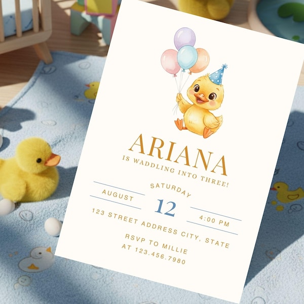 Cute Duckling Waddle Birthday Template Invitation Watercolor Pool Party Duck Birthday Party Invite Duck Invitation Duck Theme Party