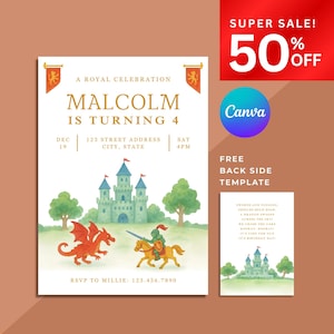 May include: A birthday party invitation with a watercolor illustration of a castle, dragon, and knight. The invitation reads "Malcolm is turning 4" with event details. A "Super Sale! 50% Off" banner is in the corner.