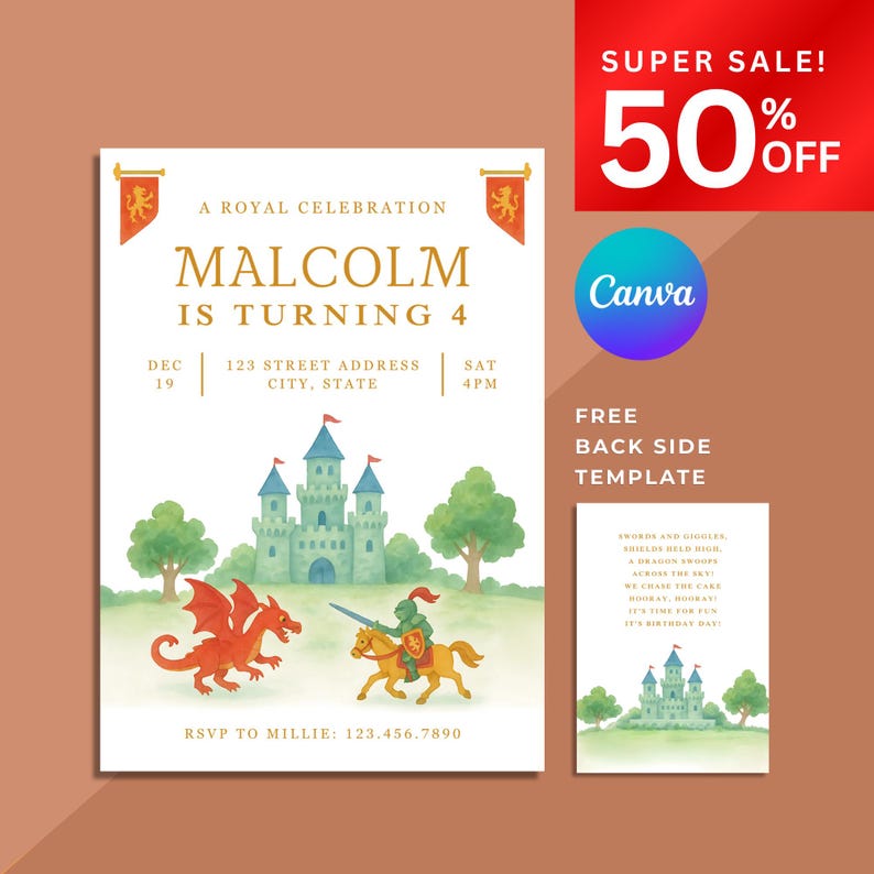 May include: A birthday party invitation with a watercolor illustration of a castle, dragon, and knight. The invitation reads "Malcolm is turning 4" with event details. A "Super Sale! 50% Off" banner is in the corner.