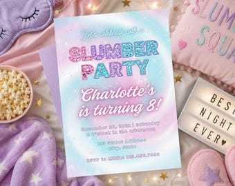 Invito per festa di compleanno con pigiama party, tema pigiama party rosa pastello e viola, tema pigiama party scintillante per ragazze preadolescenti, festa di compleanno con pigiama party.