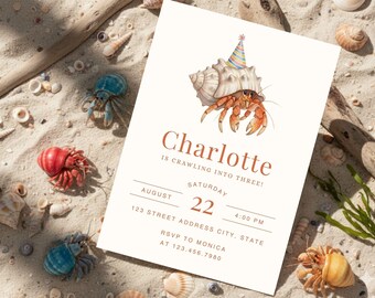 Invitación de cumpleaños con cangrejo ermitaño, invitación para fiesta de cumpleaños en la playa, plantilla editable de Canva, invitación de cumpleaños con concha marina costera imprimible
