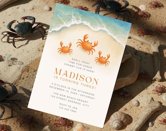 Invitación de cumpleaños con temática de cangrejo ermitaño, fiesta playera, temática costera y marina, plantilla imprimible y editable para fiestas de cangrejos (descarga digital).