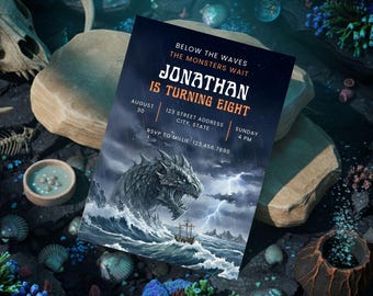 May include: A dark blue invitation card with the text "JONATHAN IS TURNING EIGHT" and event details. The design features a dragon emerging from stormy waves, with a ship in the distance. The invitation is surrounded by decorative elements.