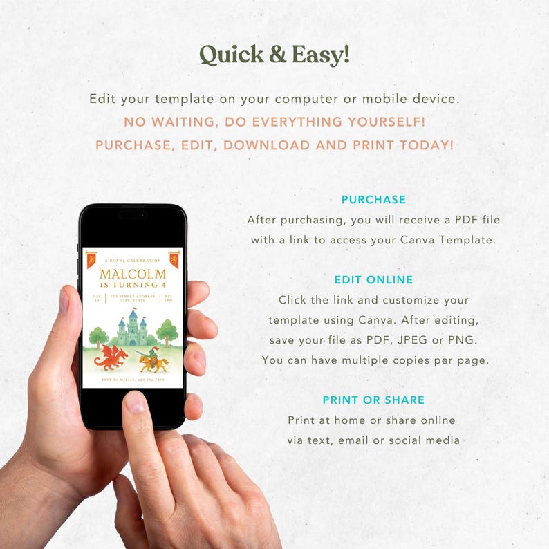 May include: A smartphone displays a birthday invitation template with the text "Malcolm is turning 4." The invitation features a castle, dragon, and knight illustration. Instructions for editing and printing are also shown.