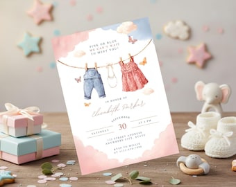 Gender Reveal Invitation Watercolor Baby Clothesline Invite Pink Or Blue Baby Shower Party Invitation Neutral Theme