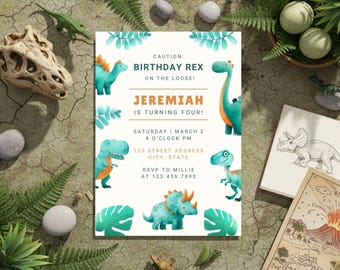 Dinosaur Birthday Invitation Watercolor T-Rex Triceratops Brachiosaurus Velociraptor Prehistoric Jungle Dino Party Theme