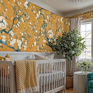 Vintage Chinoiserie Wallpaper, Chinoiserie Floral Wallpaper With Birds, Gold Bird Wallpaper, Golden Peel and Stick Wall Paper, Asian Murals