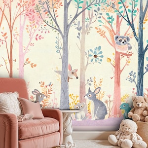 Kids Wallpaper Peel and Stick, Nursery Colorful Forest Wallpaper, Removable Animals Watercolor Wallpaper, Luxury Cartoon Soft Wall Mural