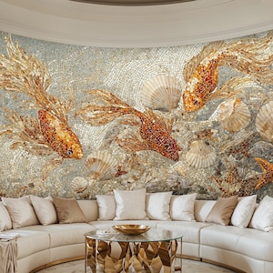 Golden Fish Mosaic Wallpaper – Ocean Shells, Faux Tile Mural (Peel and Stick)