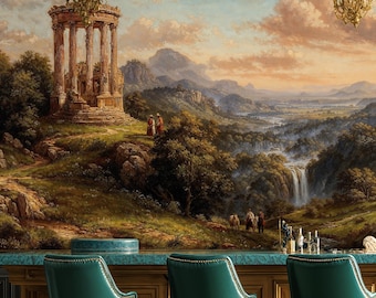 Ancient Roman Ruins Wallpaper Mural: Vintage Oil Painting, Peel and Stick