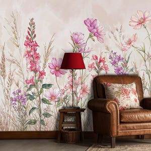 Watercolor Wild Floral Wallpaper, Soft Botanical Flower Wall Mural, Spring Wildflowers Peel and Stick, Elegant Sophisticated Sepia Wallpaper