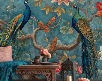 Peacock Floral Wallpaper: Blue Chinoiserie Peel and Stick