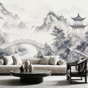 Vintage Oriental Landscape Wallpaper, Chinese Mountain Landscape Wallpaper, Traditional Asian Peel and Stick Mural, Chinese Watercolor Mural