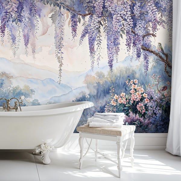 Watercolor Wisteria Wall Mural, Botanical Peel and Stick Wallpaper