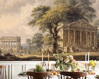 Ancient Greek Temple Mural Wallpaper: Classical Landscape Peel and Stick Wall Mural