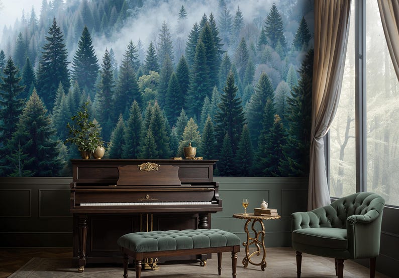 May include: A grand piano with a dark wood finish and a matching bench is set against a forest mural. The room also features a green velvet armchair and a small side table with decorative elements. The background is a scenic forest wallpaper.