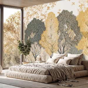 Abstract Forest Wallpaper Nursery, Serene Mountain Landscape Mural, Watercolor Trees Wall Mural, Woodland Wallpaper, Self Adhesive Wallpaper