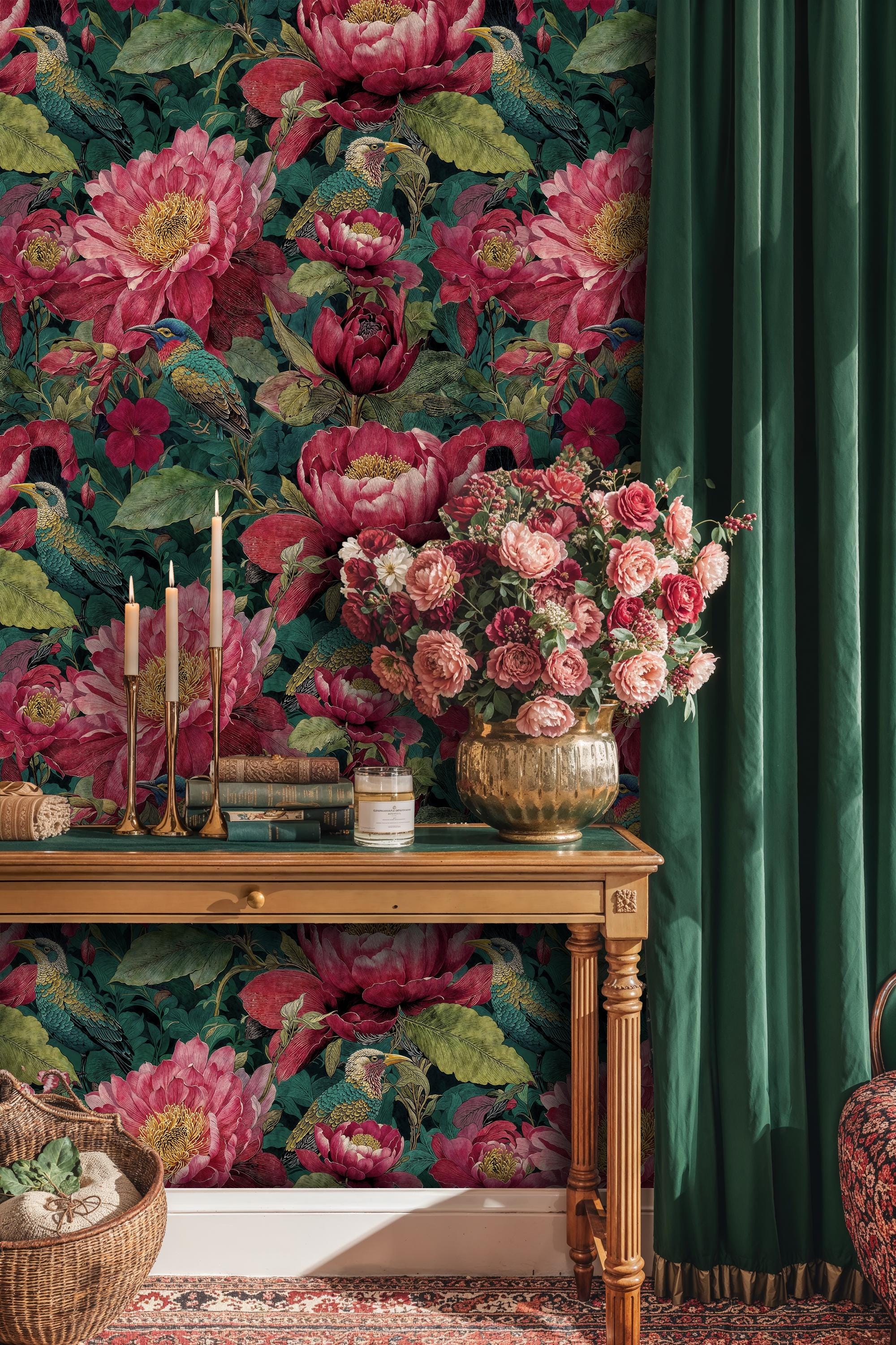 Pink Peony Floral Wallpaper Mural: Botanical Bird Peel and Stick - Etsy