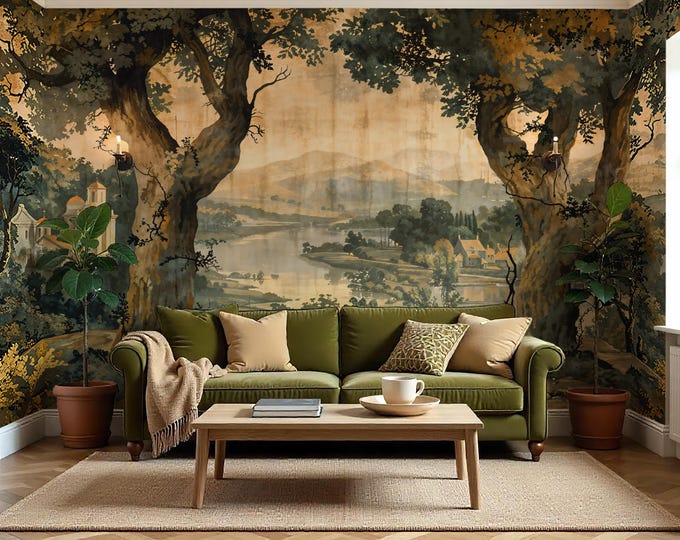 Sepia Landscape Peel and Stick Wallpaper, Vintage Scenic Mural ...