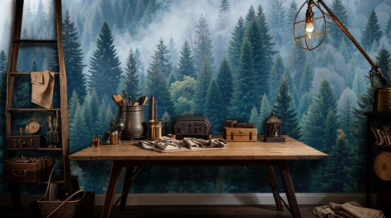May include: A rustic wooden table displays various items against a forest mural backdrop. Items include a metal pot with utensils, a small stove, a lantern, and a wooden box. A vintage-style lamp and a wooden ladder are also visible.