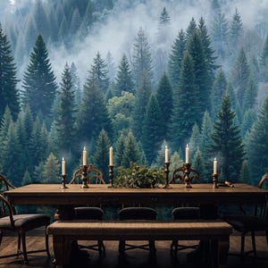 May include: A dining room with a wooden table set with candles and greenery. The backdrop is a mural depicting a dense forest. Chairs and a bench are arranged around the table, creating a rustic atmosphere.