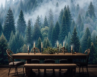 Foggy Forest Wall Mural: Peel and Stick Woodland Wallpaper