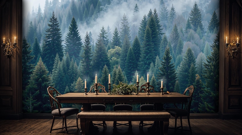 May include: A dining room scene with a long wooden table set for a meal. The table is adorned with candles and greenery. The backdrop is a mural of a lush forest. Chairs and a bench are arranged around the table.