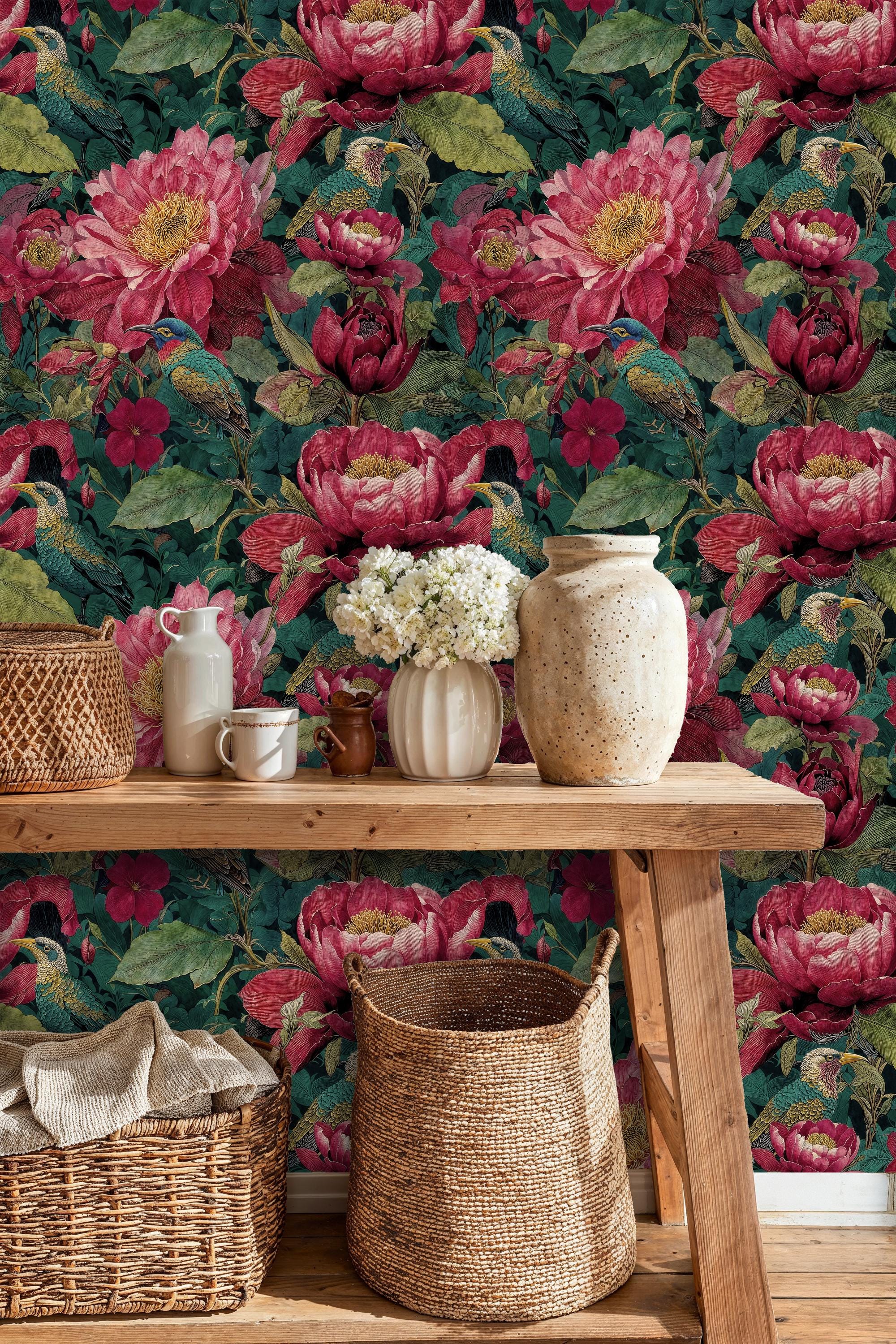Pink Peony Floral Wallpaper Mural: Botanical Bird Peel and Stick - Etsy