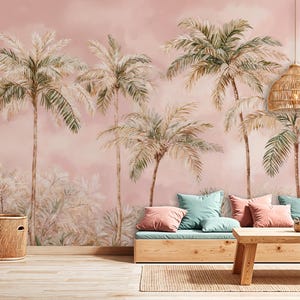 Vintage Pink Tropical Wall Art, Palm Tree Landscape Wallpaper, Pink Palm Tree Wallpaper, Banana Leaf Mural, Watercolor Exotic Wallpaper