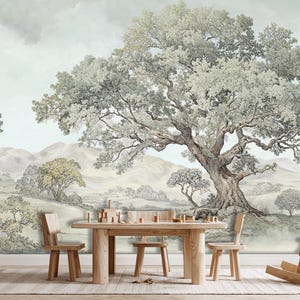 Panoramic Tree Landscape Peel and Stick, Vintage Rural Landscape Wallpaper, Antique Scenic Nature Wall Mural, Rural Landscape Wallpaper