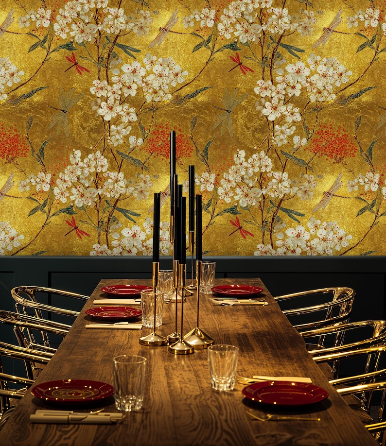 Gold Floral Chinoiserie Wallpaper Mural, Red Dragonfly Peel and Stick ...