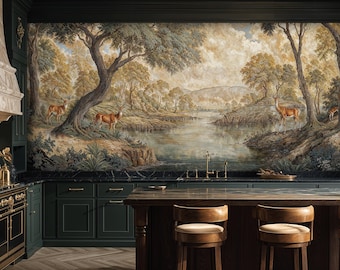 Vintage Deer Forest Wallpaper: Scenic Landscape Peel and Stick Mural