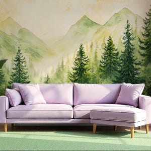Watercolor Forest Wallpaper Peel and Stick, Foggy Forest Wall Mural, Removable Woodland Wallpaper, Rural Wall Mural, Pine Forest Nursery
