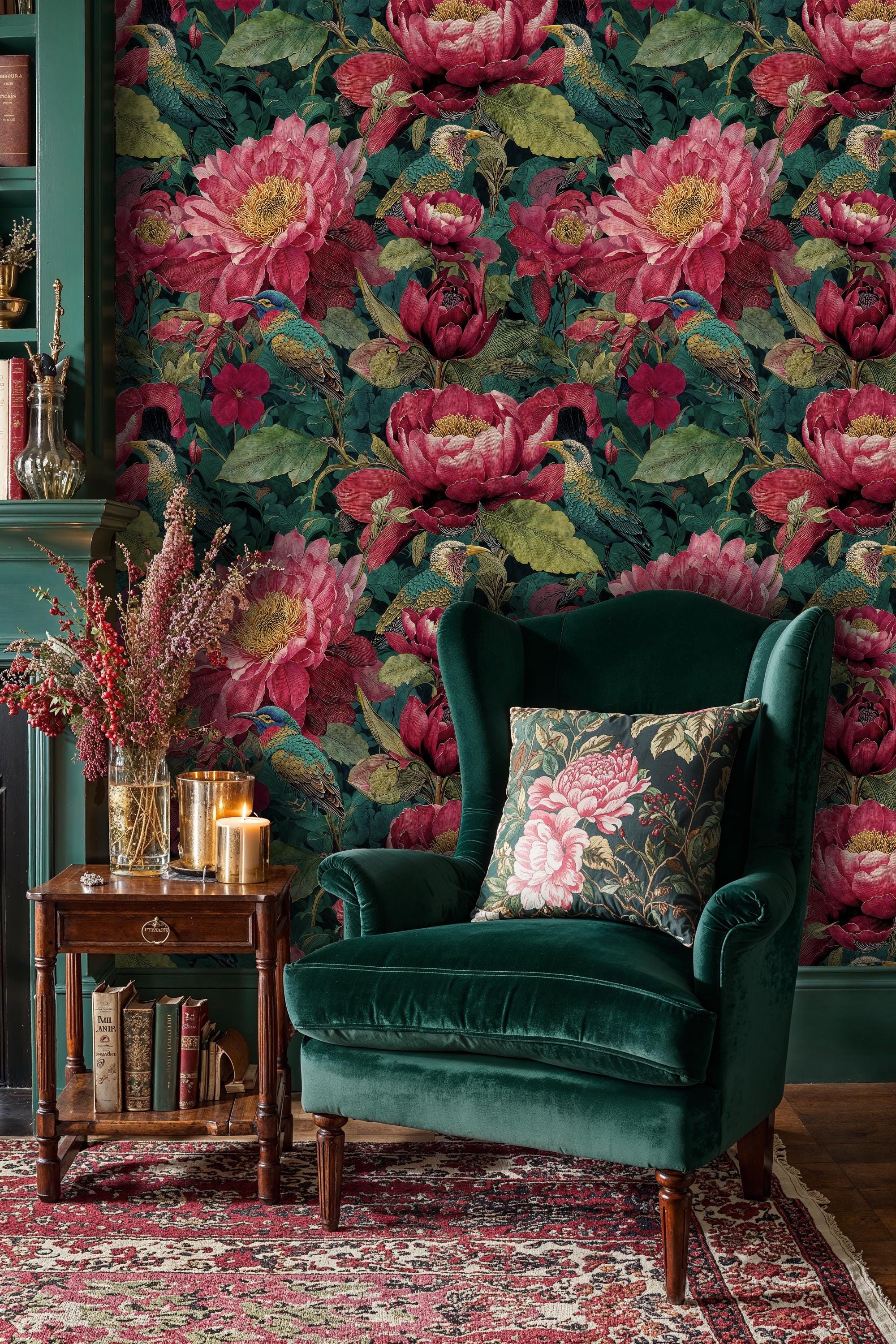 Pink Peony Floral Wallpaper Mural: Botanical Bird Peel and Stick - Etsy