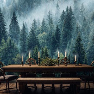 Foggy Forest  Peel and Stick, Trees Wall Mural, Woodland Wallpaper, Rural Wall Mural, Pine Tree Forest  Wallpaper, Luxury Nature Wallpaper