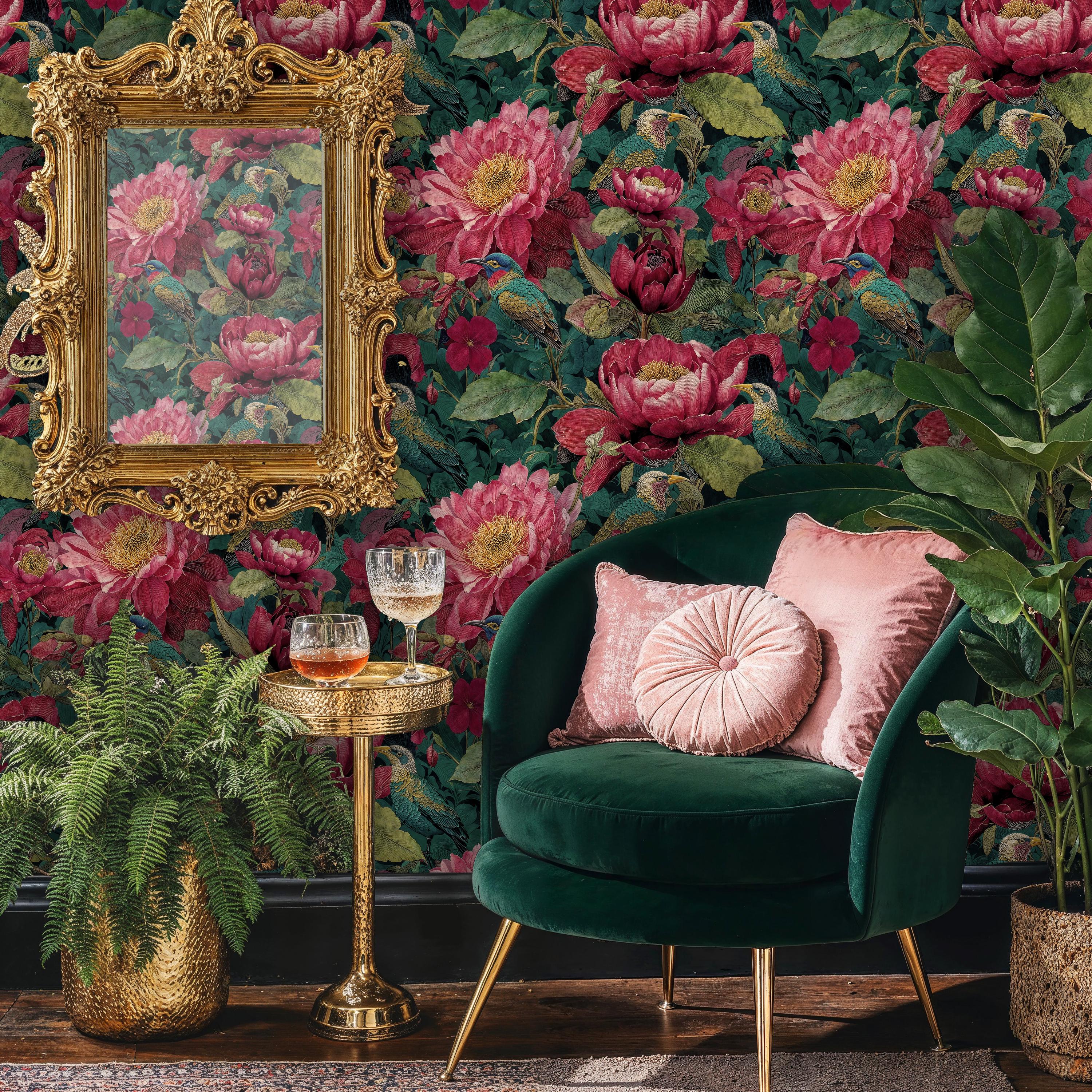 Pink Peony Floral Wallpaper Mural: Botanical Bird Peel and Stick - Etsy