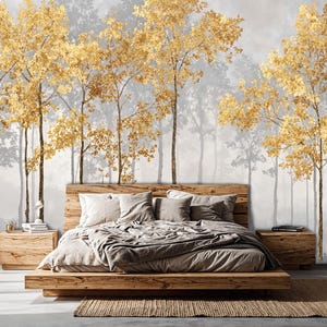 Tree Landscape Watercolor Scenic Wallpaper, Gold Pine Tree Peel And Stick, Vintage Rural Wall Mural, Mountain Landscape Removable Wallpaper
