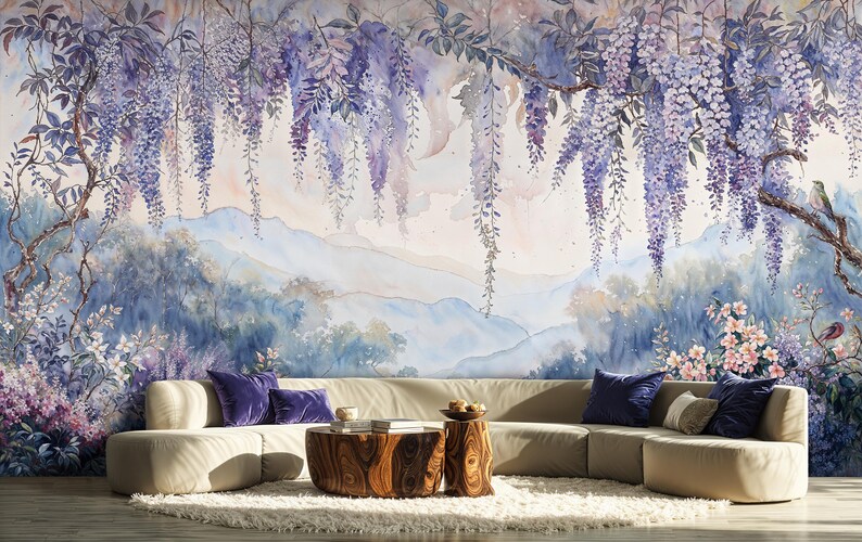 Watercolor Wisteria Wall Mural, Botanical Peel and Stick Wallpaper ...