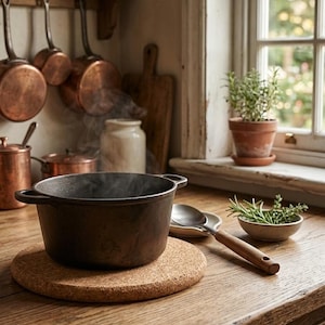 Puede incluir: Una olla redonda de hierro fundido negro con dos asas laterales descansa sobre un salvamanteles circular de corcho. El vapor sale de la olla. Al lado hay una cuchara de metal con mango de madera, un cuenco de cerámica con hierbas y un reposacucharas.