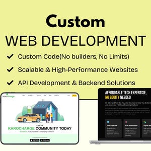 May include: A website design company offering custom web development services. The image shows a laptop screen with the text "Affordable Tech Expertise, No Equity Needed" and a mobile phone screen with the text "Join the Karocharge Community Today".