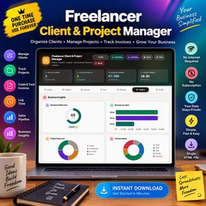 Puede incluir: Un panel digital de Freelancer Client & Project Manager en la pantalla de una computadora portátil, con información comercial, gráficos de ingresos y herramientas de seguimiento de proyectos. La interfaz incluye etiquetas para gestionar clientes, facturas y tiempo, con un tema oscuro y visualizaciones de datos coloridas.