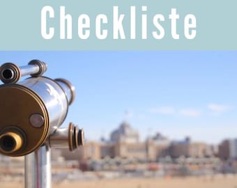 May include: A vintage-style telescope with a brass and silver finish is pointed towards a city skyline. The text "Workbook & Checkliste" is at the top of the image, and the text "Für Auswanderer und Langzeitreisende" is at the bottom of the image.