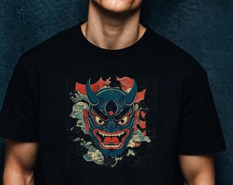 Japans onimasker T-shirt | Blauwe Yokai-demonkunst