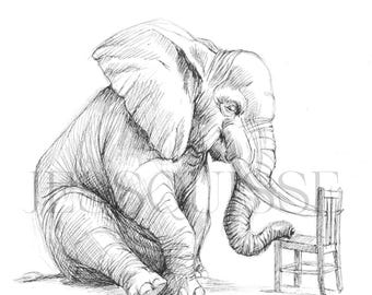 Ilustración de elefante / Dibujo de elefante / Ilustración de animales / Lámina artística de vida silvestre firmada / Decoración de pared de naturaleza