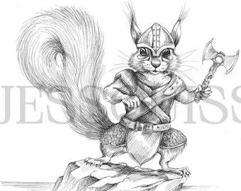 Ilustración de ardilla vikinga / Dibujo de ardilla / Ilustración de animales / Lámina artística de vida silvestre firmada / Decoración de pared con motivos naturales