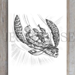 May include: Black and white pen and ink illustration of a sea turtle with a small figure riding on its back. The turtle is depicted with detailed shell patterns and outstretched flippers, with a small box attached.